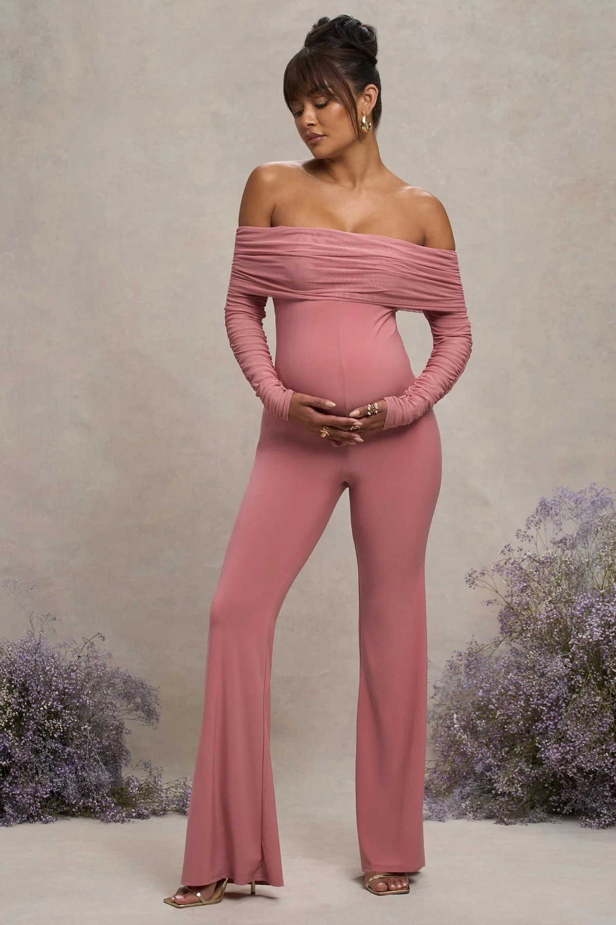 Count Down  Blush Pink Maternity Ruched Mesh Bardot Jumpsuit | Club L London