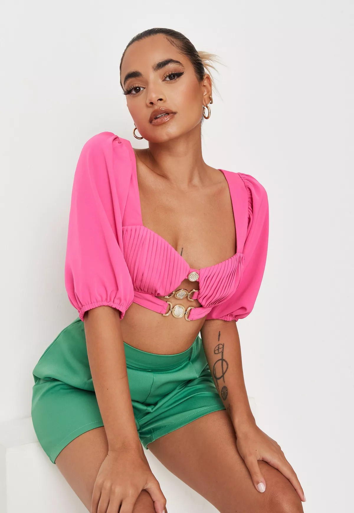 Missguided - Petite Pink Satin Pintuck Diamante Crop Top | Missguided (US & CA)