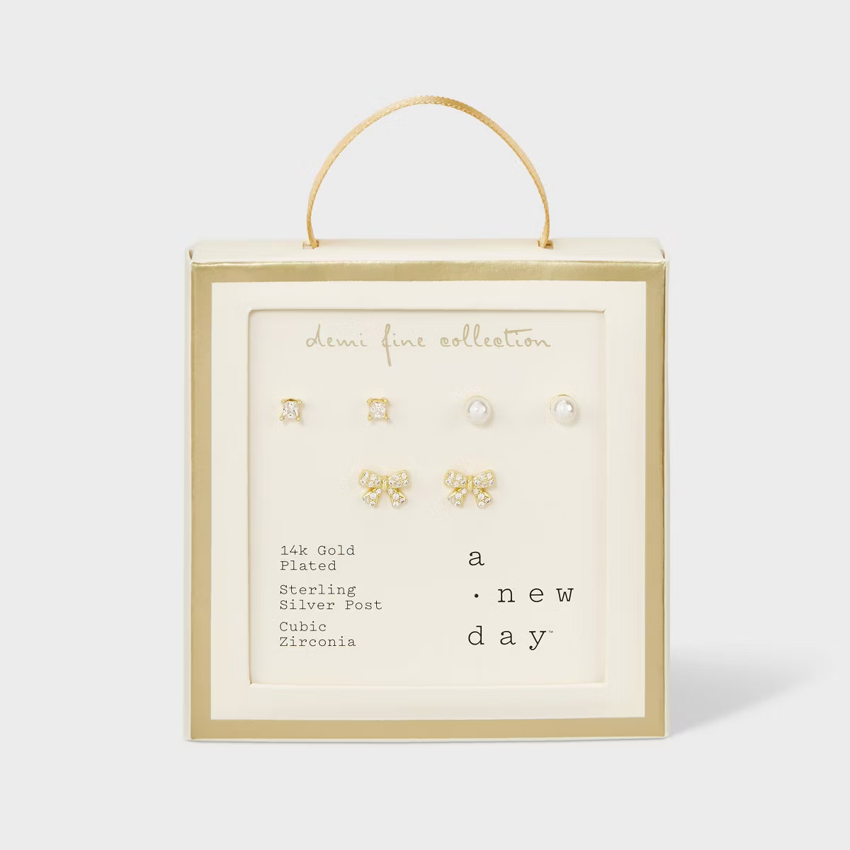 14k Gold Plated Simulated Pearl Round Cubic Zirconia Bow Stud Earring Set 3pc - A New Day™ Gold... | Target