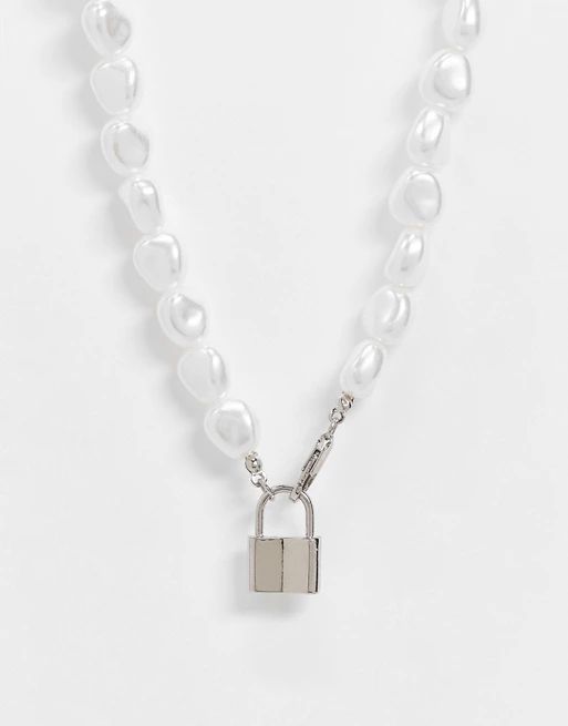 ASOS DESIGN necklace with pearls and mini padlock in silver tone | ASOS (Global)