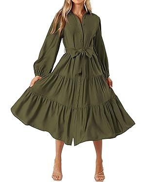 MASCOMODA Womens Dresses 2024 Fall Long Sleeve Midi Dress Casual V Neck Button Down Tiered Flowy ... | Amazon (US)