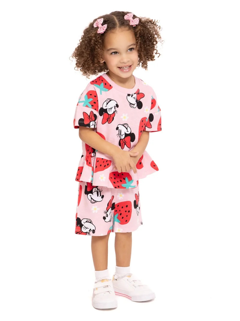 Minnie Mouse Toddler Girls' Short Sleeve Graphic Tee and Matching Ruffle Shorts Set, 2-Piece, Siz... | Walmart (US)