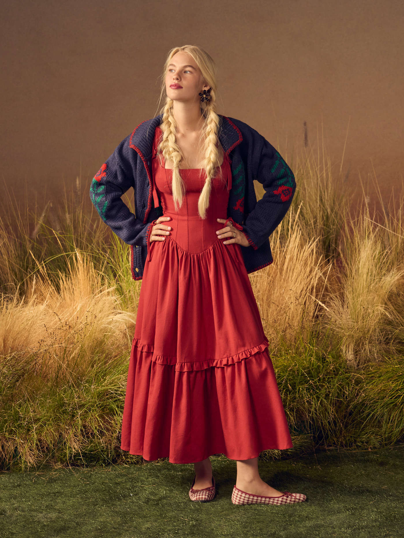 Linen-blend Linen-blend Square Neck Ruffled Lace-up Flared Maxi Dress For Date Vacation | Cider