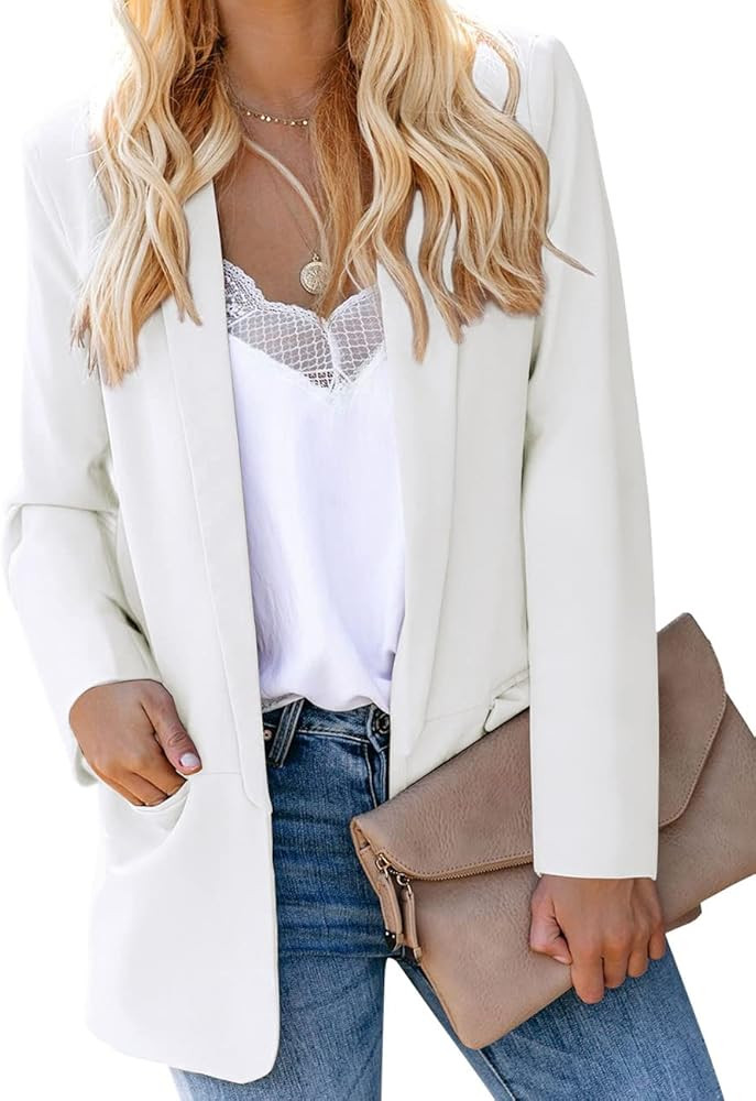 Vetinee Women's Casual Open Front Blazer Suit Pockets Work Office Cardigan Jacket | Amazon (US)
