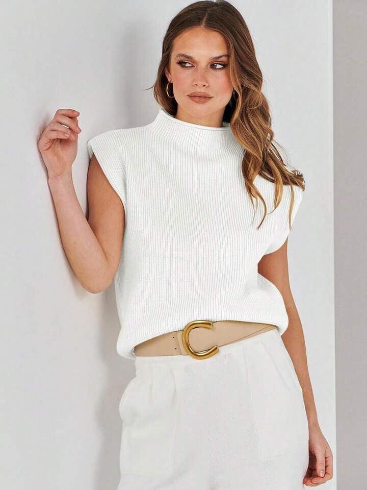Women's Solid Color Turtle Neck Pullover Sweater, Elegant Cap Sleeve Knitted Sweater - Soft, Ribb... | SHEIN