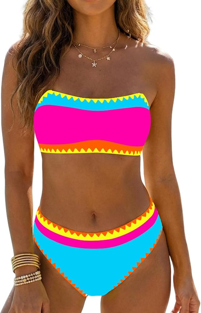 Sexybody Women's Bandeau Bikini Strapless Bikini Neon Color Block Two Piece Whip Stitch Trim Bath... | Amazon (US)