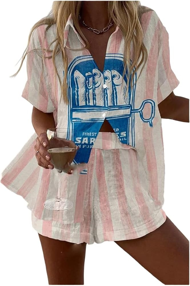 Women's Printed 2 Piece Outfit, Short Sleeve Button Down Shirt & Elastic Waist Shorts Set, Casual... | Amazon (US)