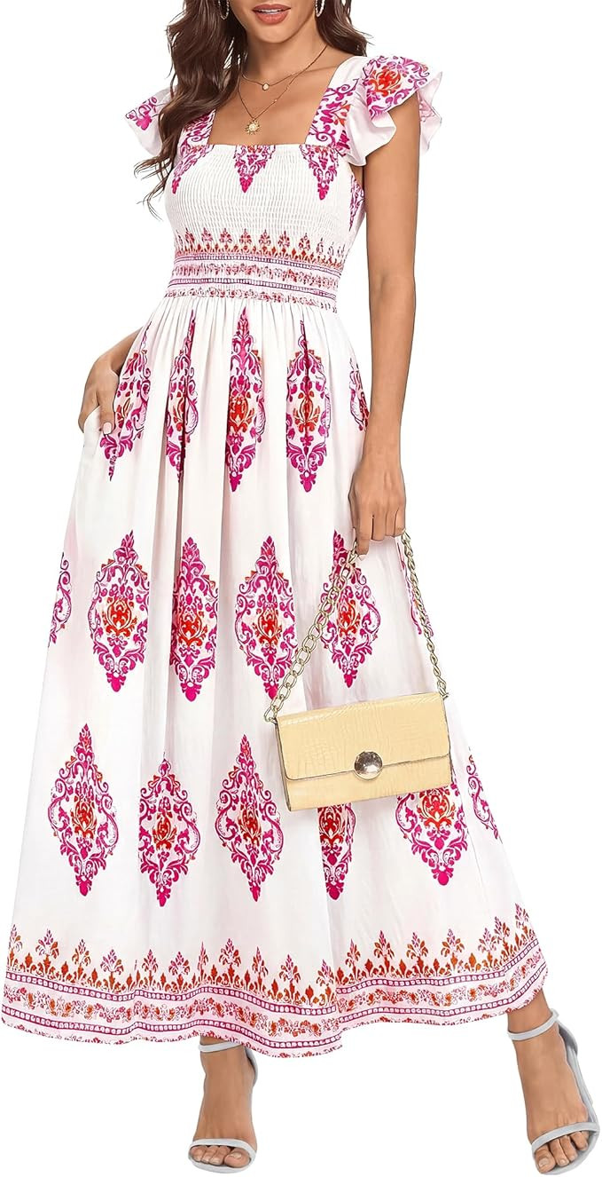 BTFBM Boho Floral Maxi Dress, Square Neck Ruffle Sleeveless Beach Sundress | Amazon (US)