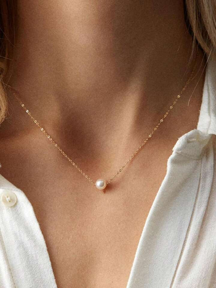 Single Faux Pearl Necklace 14K Gold, Bridesmaid Pearl Necklace Wedding, Dainty Gold Necklace, Bri... | SHEIN