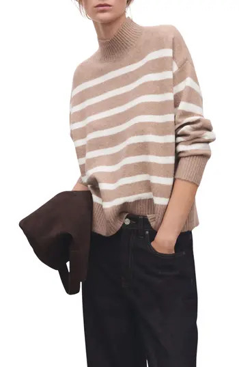 MANGO Oversize Stripe Mock Neck Sweater in Light/Pastel Beige at Nordstrom Rack, Size X-Small | Nordstrom Rack