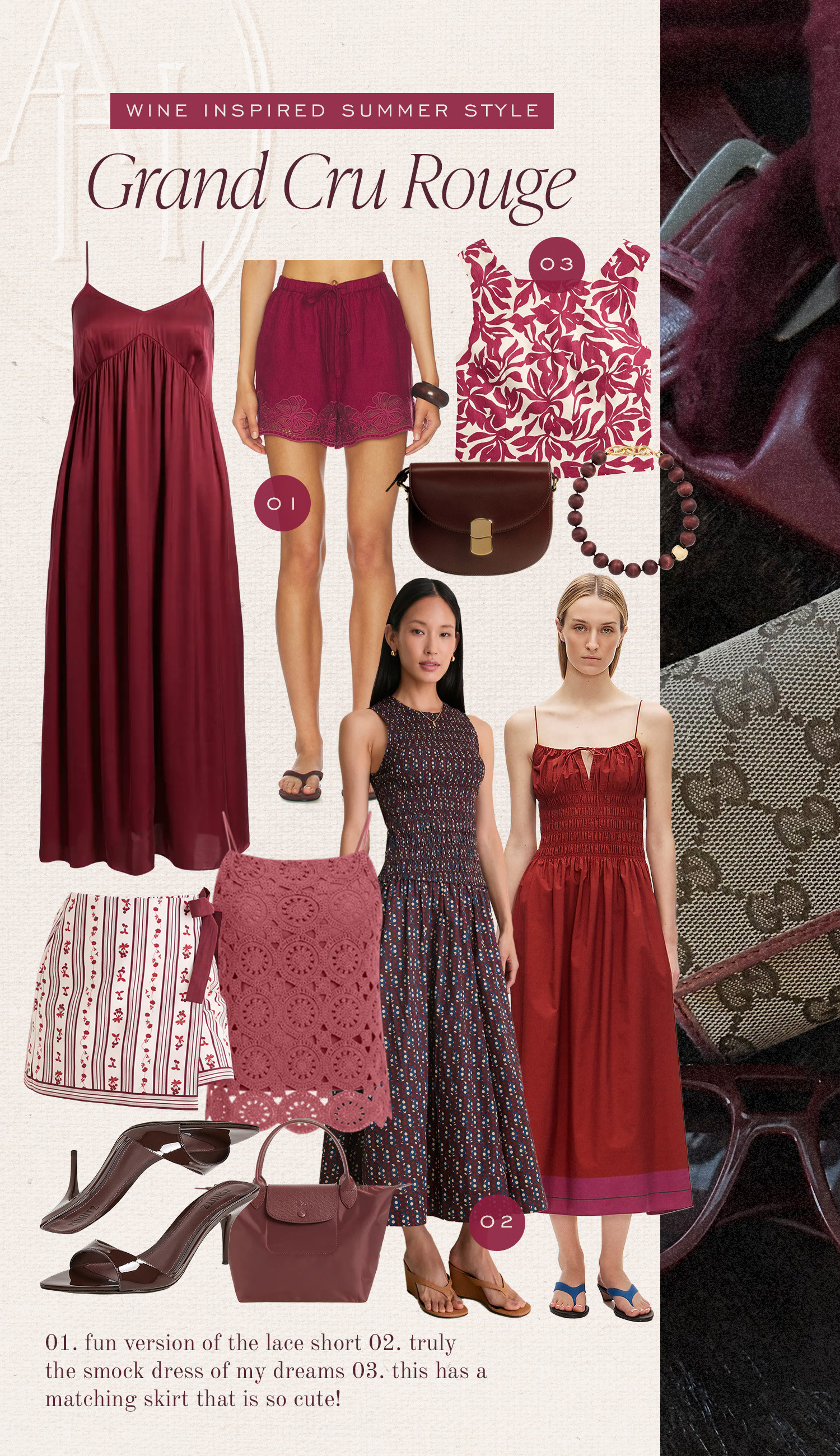 Wine inspired summer style 🍷 Channeling deep burgundy this summer with a silk slip dress, lace shorts, a sweet skort and accessories 

 #LTKootd #LTKTravel