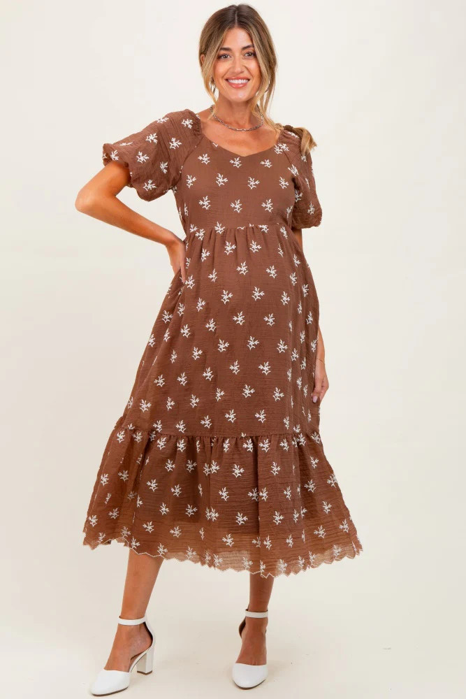 Brown Floral Embroidered Tiered Maternity Midi Dress | PinkBlush Maternity
