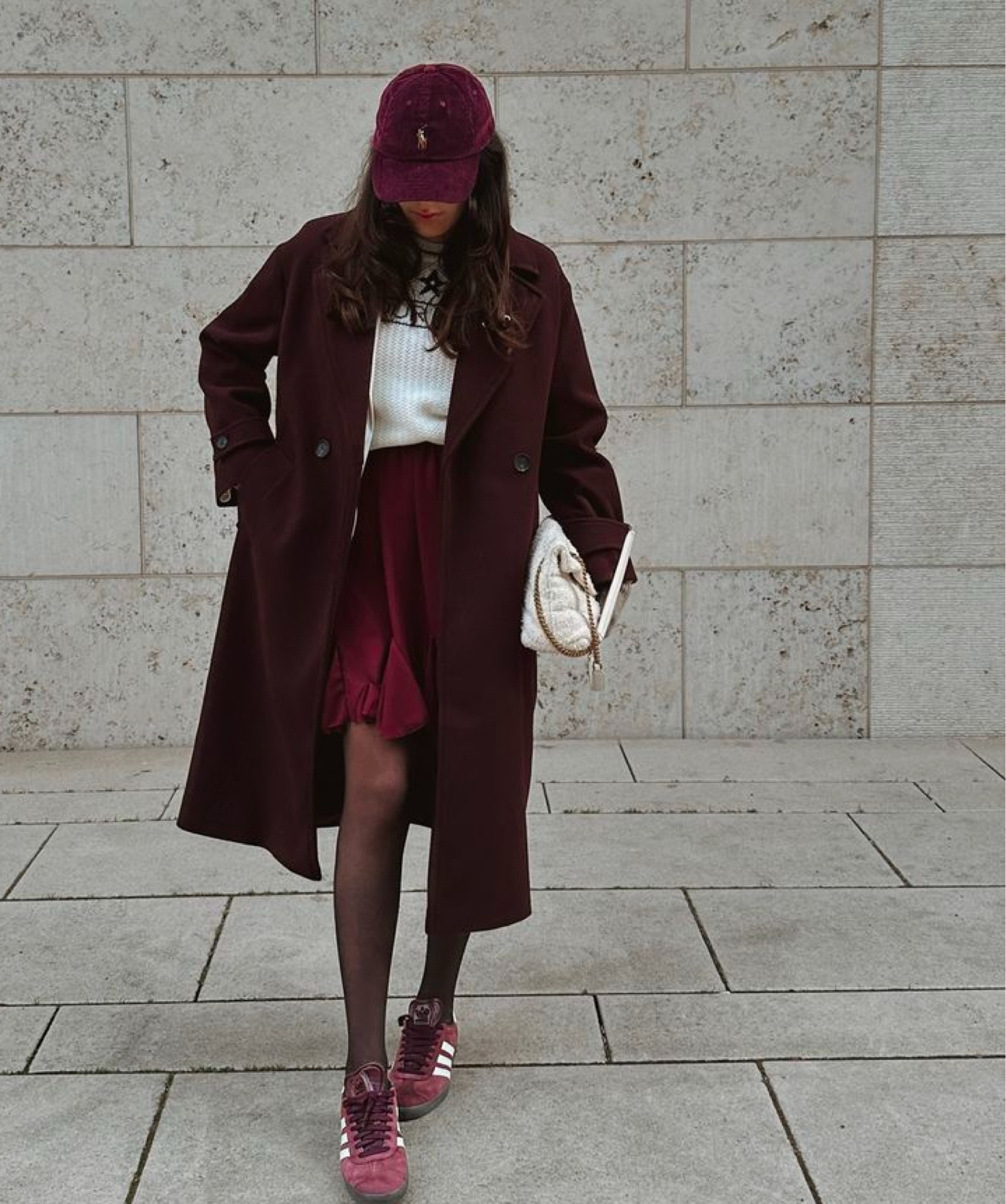 White sweater 
Burgundy skirt
Burgundy coat
Burgundy sneakers 
Burgundy cap 
White bag 

#LTKStyleTip #LTKMostLoved #LTKPetite