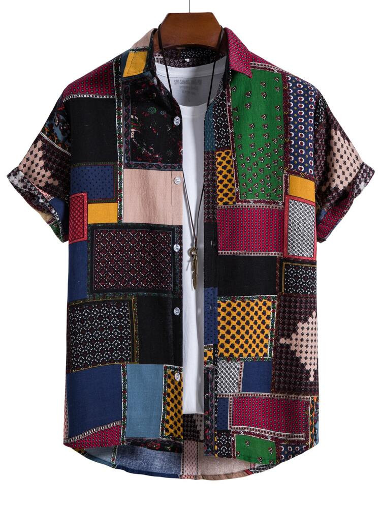 Men Patchwork Print High Low Shirt Without Tee | SHEIN