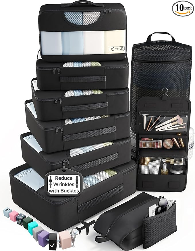Veken 10 Set Packing Cubes for Travel Essentials,Anti-Wrinkle Buckled Suitcase Organizer for Shoe... | Amazon (US)
