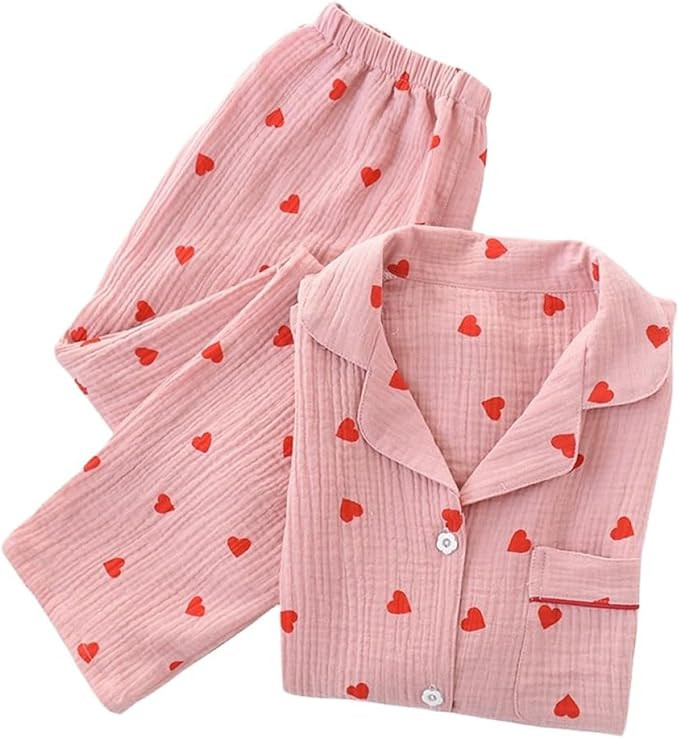 Womens Pajama Sets Pj Set Cute Heart Print Casual Comfort Long Sleeve Button Down Shirt with Long... | Amazon (US)