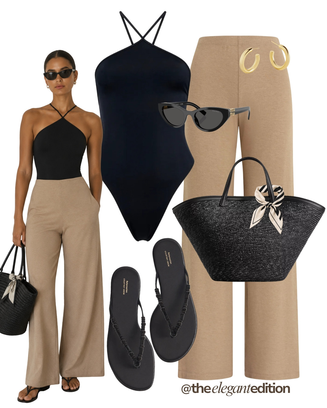 SWIMSUIT & WIDE-LEG PANTS LOOK 🤍 — Black crossback swimsuit, camel wide-leg knit trousers, black straw tote with silk scarf, gold hoop earrings and black thong sandals.
#summeroutfit #oldmoney #LTKsummer #LTKstyletip 

 #LTKeurope #LTKsummer #LTKswimwear
