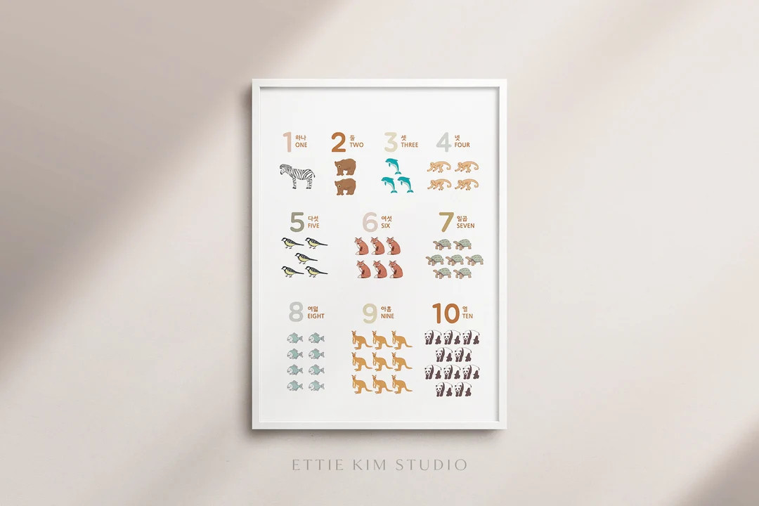 Korean Numbers Poster With Animals, Hangul 1 to 10 Counting Poster, Bilingual Korean Nursery, Hom... | Etsy (US)