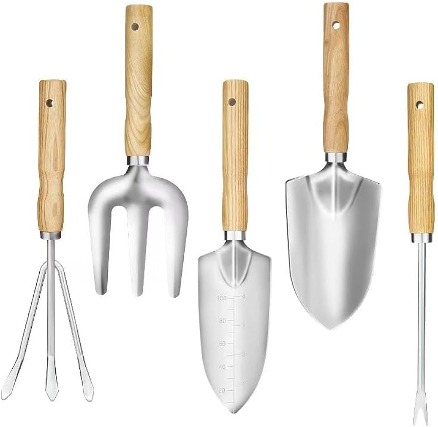 Garden Tool Set, 5 Piece Stainless Steel Gardening Tools with Wooden Handles Hand Tools with Tran... | Amazon (US)