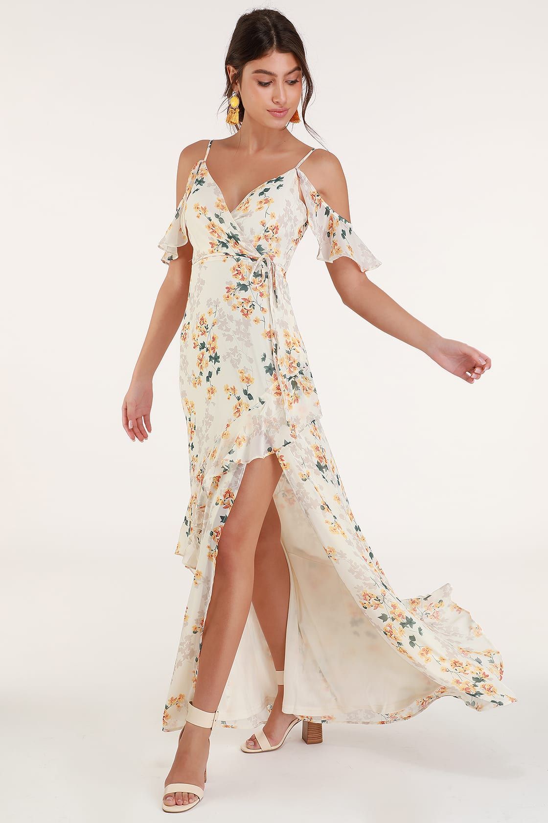 Shadow Blooms Cream Floral Print Ruffled Maxi Dress | Lulus (US)