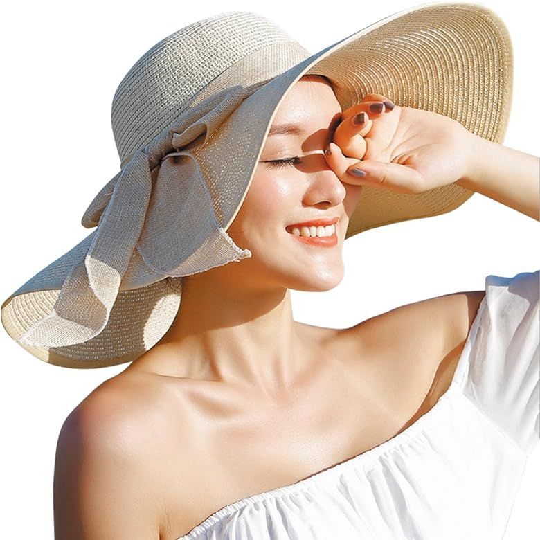 Lanzom Womens Big Bowknot Straw Hat Floppy Foldable Roll up Beach Cap Sun Hat UPF 50+ | Amazon (US)