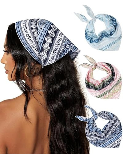 AWAYTR 3Pcs Hair Bandanas Head Kerchief for Women Girls Tie-Back Boho Hair Scarf Headband Bandana Triangle Head Scarf (Stripe Print - Pink/Light Blue/Navy Blue) | Amazon (US)