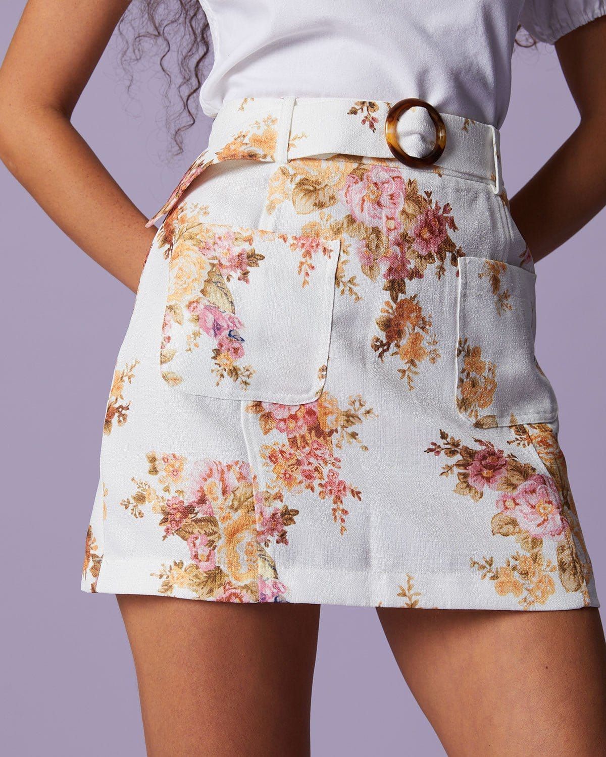 The Beige High Waisted Floral Belted Mini Skirt & Reviews - Beige - Bottoms | RIHOAS | rihoas.com