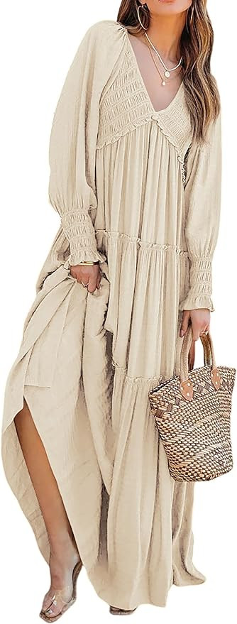 R.Vivimos Maxi Dress for Women Long Sleeve V Neck Empire Waist Layered Ruffle Boho Casual Flowy L... | Amazon (US)