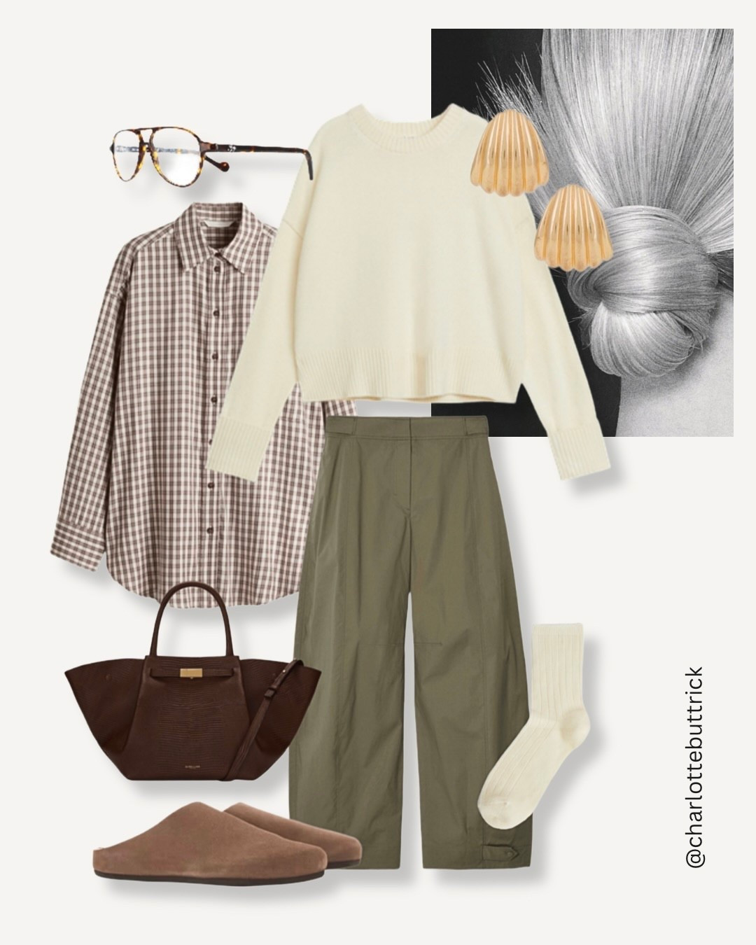 Modern minimal outfit idea - the row inspired 

Uniqlo khaki barrel leg utility trousers 
Checked shirt
The row suede mule slide dupes 
Demellier London bag 
Heaven mayhem gold statement earrings 



#LTKuk #LTKwinter #LTKbag