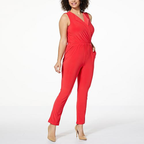 Nina Leonard Sleeveless Collared Jumpsuit - Red - Size Small | HSN