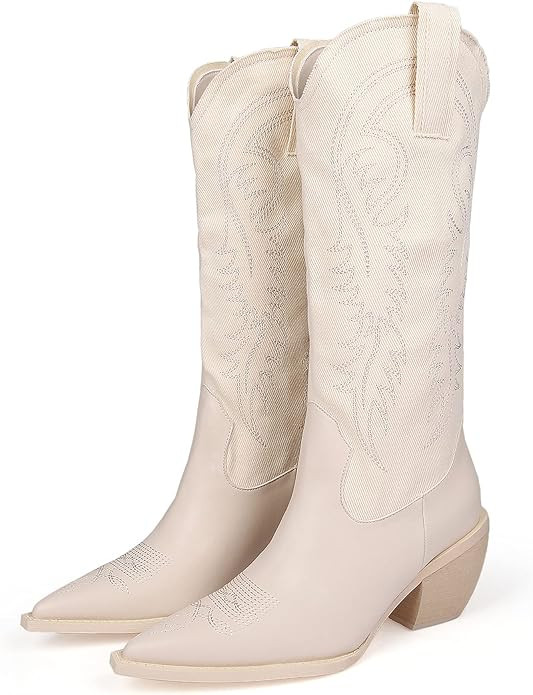 MissHeel Cowboy Boots for Women Embroidered Canvas Cowgirl Knee High Western Boots Pull-On | Amazon (US)