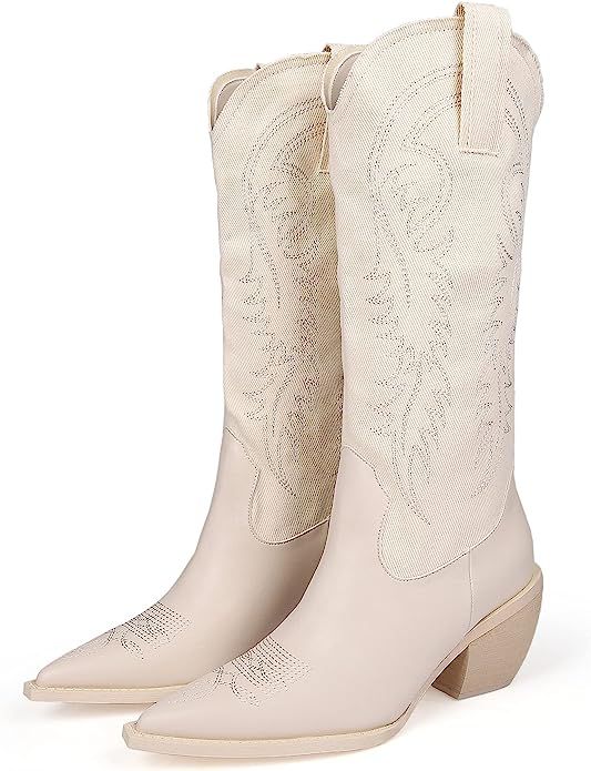 MissHeel Cowboy Boots for Women Embroidered Canvas Cowgirl Knee High Western Boots Pull-On | Amazon (US)