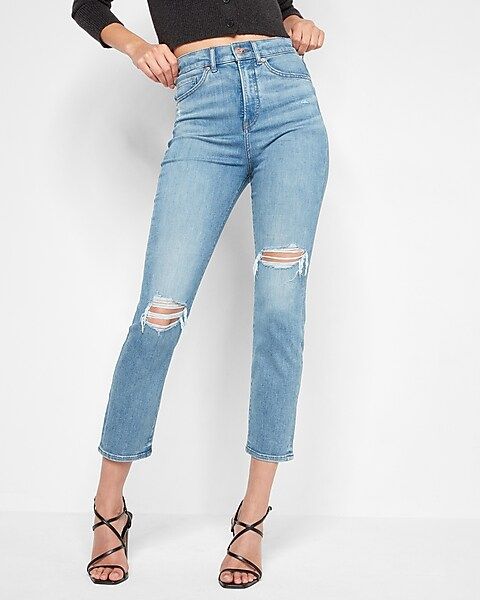 Super High Waisted Light Wash Ripped Slim Jeans | Express