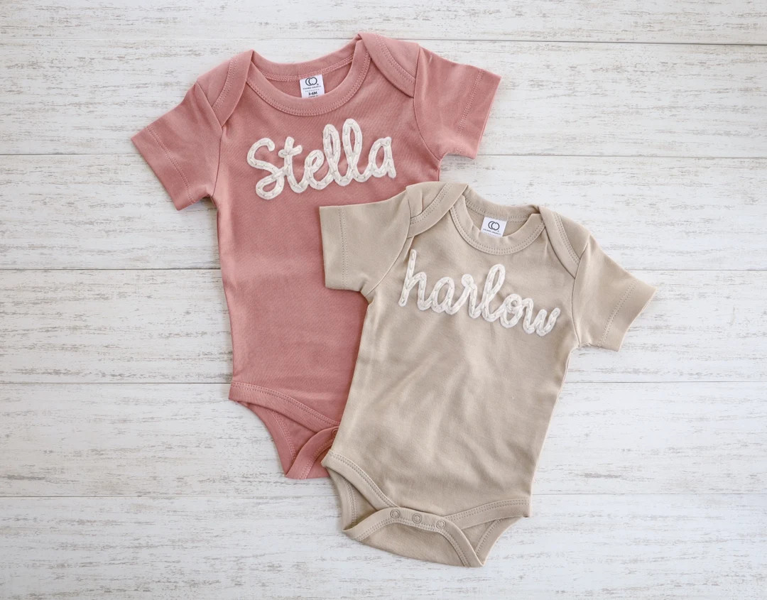 BABY NAME ONESIE®, Custom Hand Embroidered Felt Name Short Sleeve Onesie®, New Baby, Newborn, B... | Etsy (US)