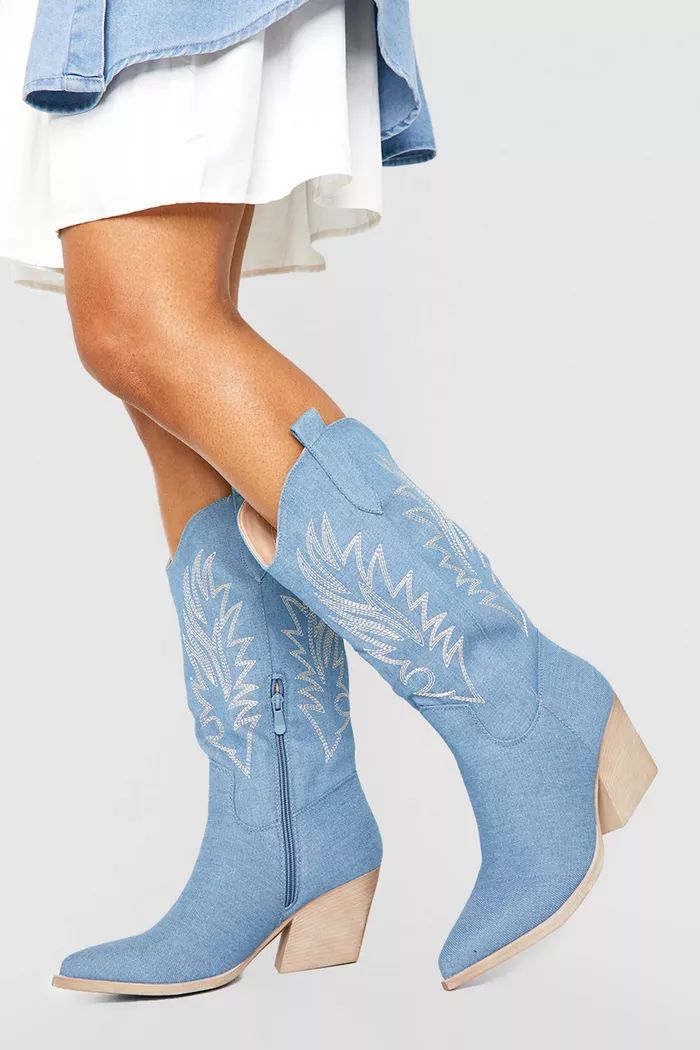 Denim Knee High Western Cowboy Boots | Boohoo.com (US & CA)