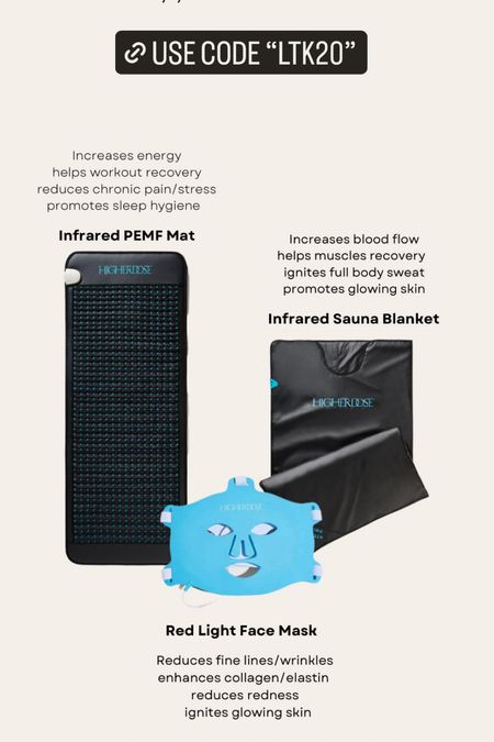 Bestselling Higherdose sauna blanket, infrared mask and healing mat all 20% off with code: LTK20 

#LTKsalealert #LTKbeauty #LTKfitness