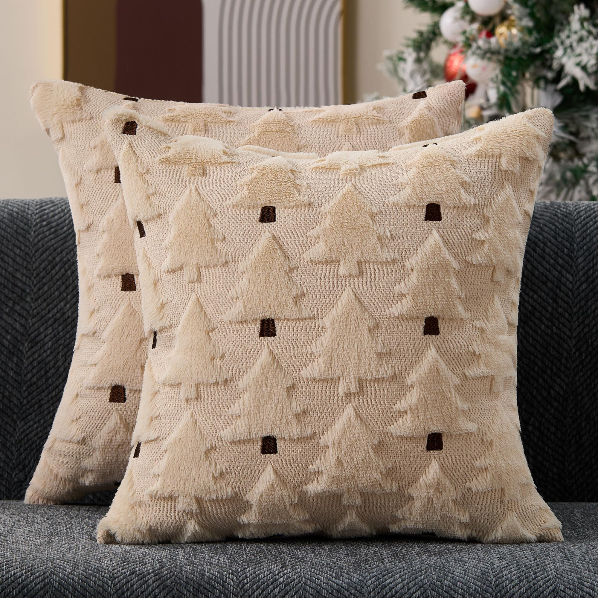 Christmas Pillow Covers 20x20 inch Set of 2 Christmas Decorations Soft Plush Faux Fur Wool Beige ... | Amazon (US)