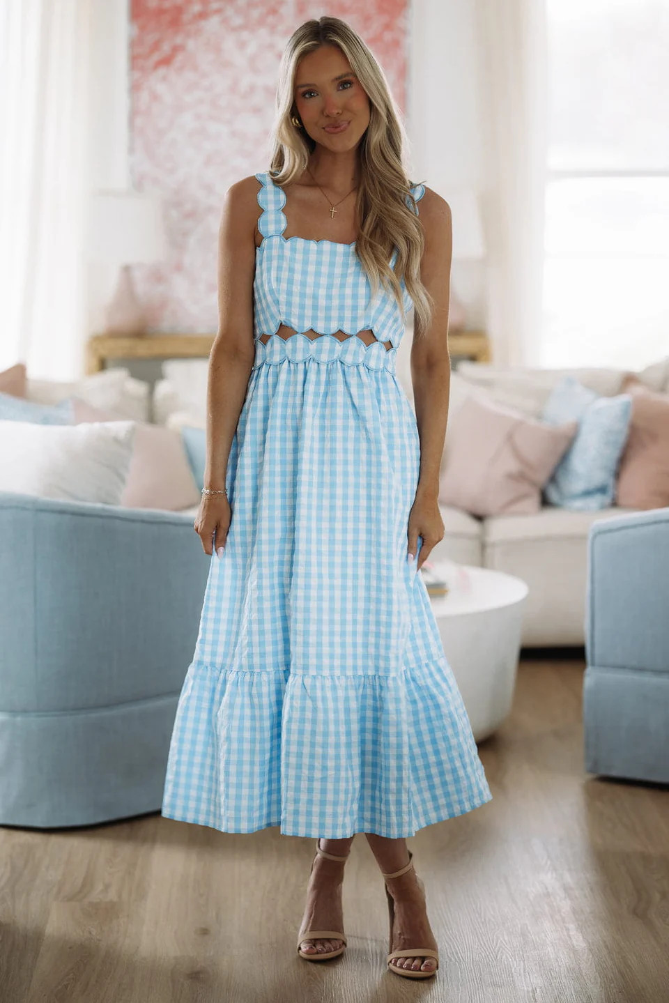 Soft Spring Moment Gingham  Midi  Dress  - Blue | Hazel and Olive
