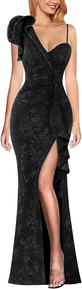 VFSHOW Womens Formal Prom Elegant Ruffle One Shoulder Beaded Strap Ruched Slit Maxi Dress Wedding... | Amazon (US)