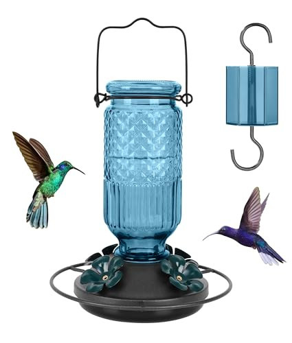 FEED GARDEN Glass Hummingbird Feeder for Outdoors Hanging, 16 OZ Humming Birds Feeders with 4 Bee Guard Feeding Ports & Built-in Ant Moat, Hummingbird Gifts for Mom, Bird Feeder for Outside, Blue | Amazon (US)