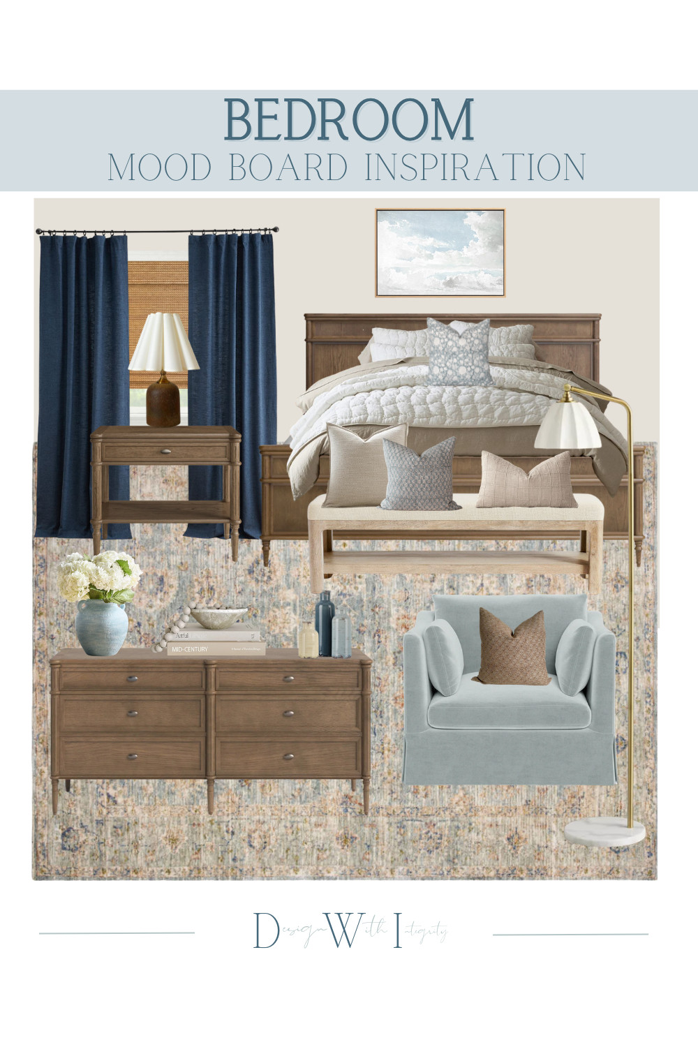 This bedroom mood board blends soft blues, warm wood tones, and layered neutrals to create a space that feels calm, classic, and welcoming. The tailored bedding adds depth and softness, while the wood furniture grounds the palette with warmth and structure. Rich navy curtains bring contrast and sophistication, balanced by lighter textiles and subtle pattern throughout the room. Finishing touches like the upholstered bench, sculptural lighting, and cozy accent chair create a bedroom that feels both elevated and livable.

Each piece was selected to work together seamlessly. Tap through to shop all selections and recreate this bedroom look in your own home.

#bedroominspiration #interiordesign #bedroomdecor #neutralbedroom #bluebedroom #cozyinteriors #homeinspo #bedroomdesign #ltkhome

bedroom mood board
blue and neutral bedroom
navy bedroom decor
warm wood bedroom furniture
cozy bedroom design
layered bedding
bedroom furniture inspiration
bedroom lighting
interior design ideas 

 #LTKHome
