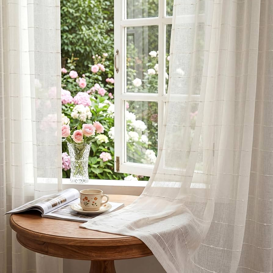 White Sheer Curtains 84 Inches Long Faux Linen Curtains with Stripe Pattern Light Filtering Priva... | Amazon (US)