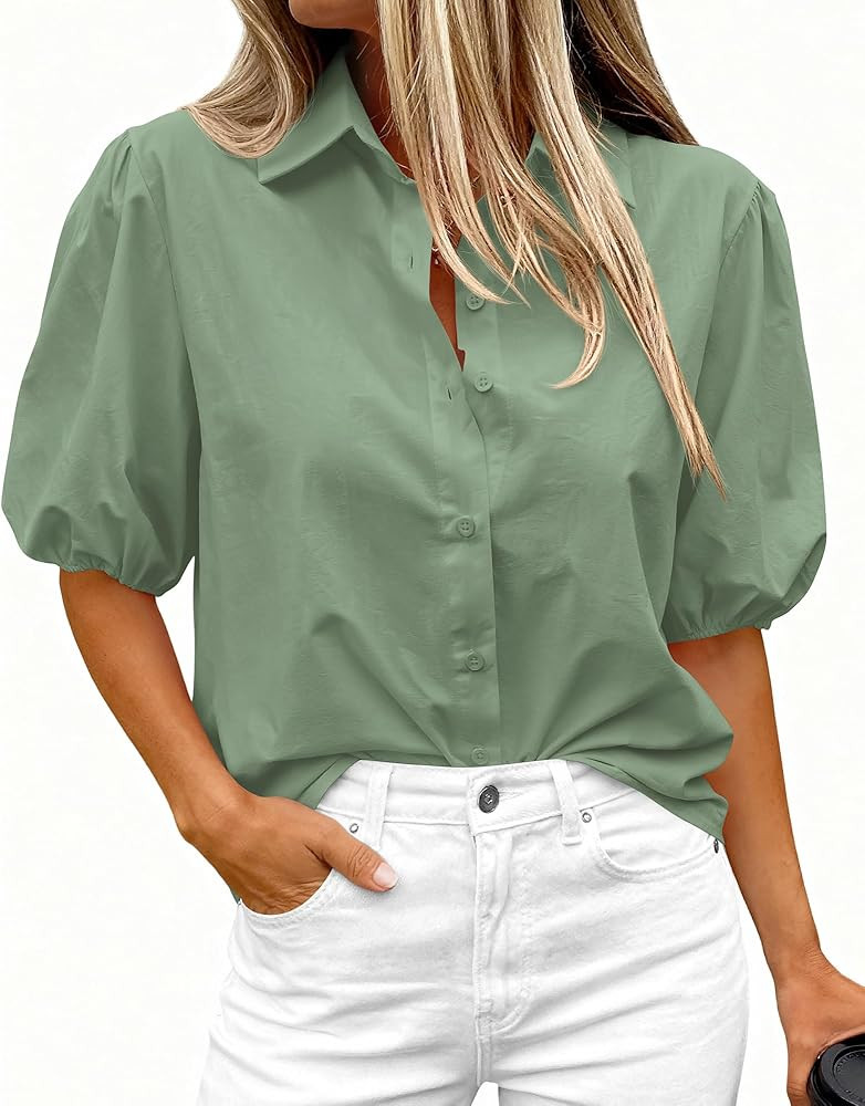 BTFBM Women's Button Down Shirts Short Puff Sleeve Collared V Neck 2026 Summer Tops Dressy Casual... | Amazon (US)