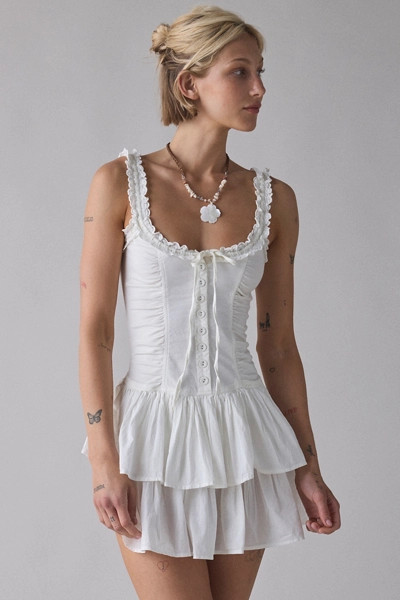 Ecote Olive Ruffled Drop Waist Milkmaid Mini Dress | Urban Outfitters (US and RoW)
