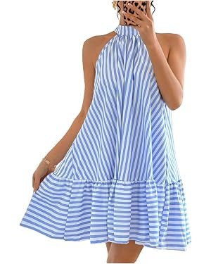 Milumia Women's Striped Halter Mini Dress Bow Tie Back Sleeveless Ruffle Hem Vacation Dresses | Amazon (US)
