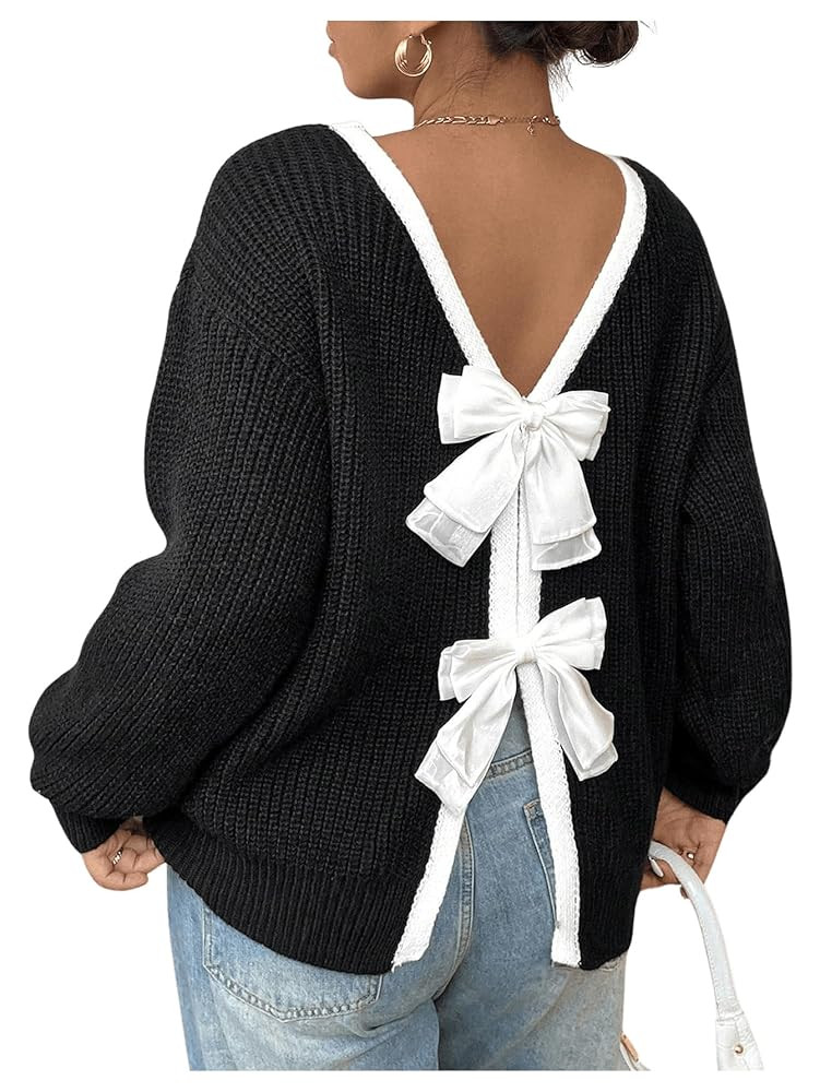 MakeMeChic Women's Plus Size Bow Fall Sweater Backless Chunky Pullover Top | Amazon (US)