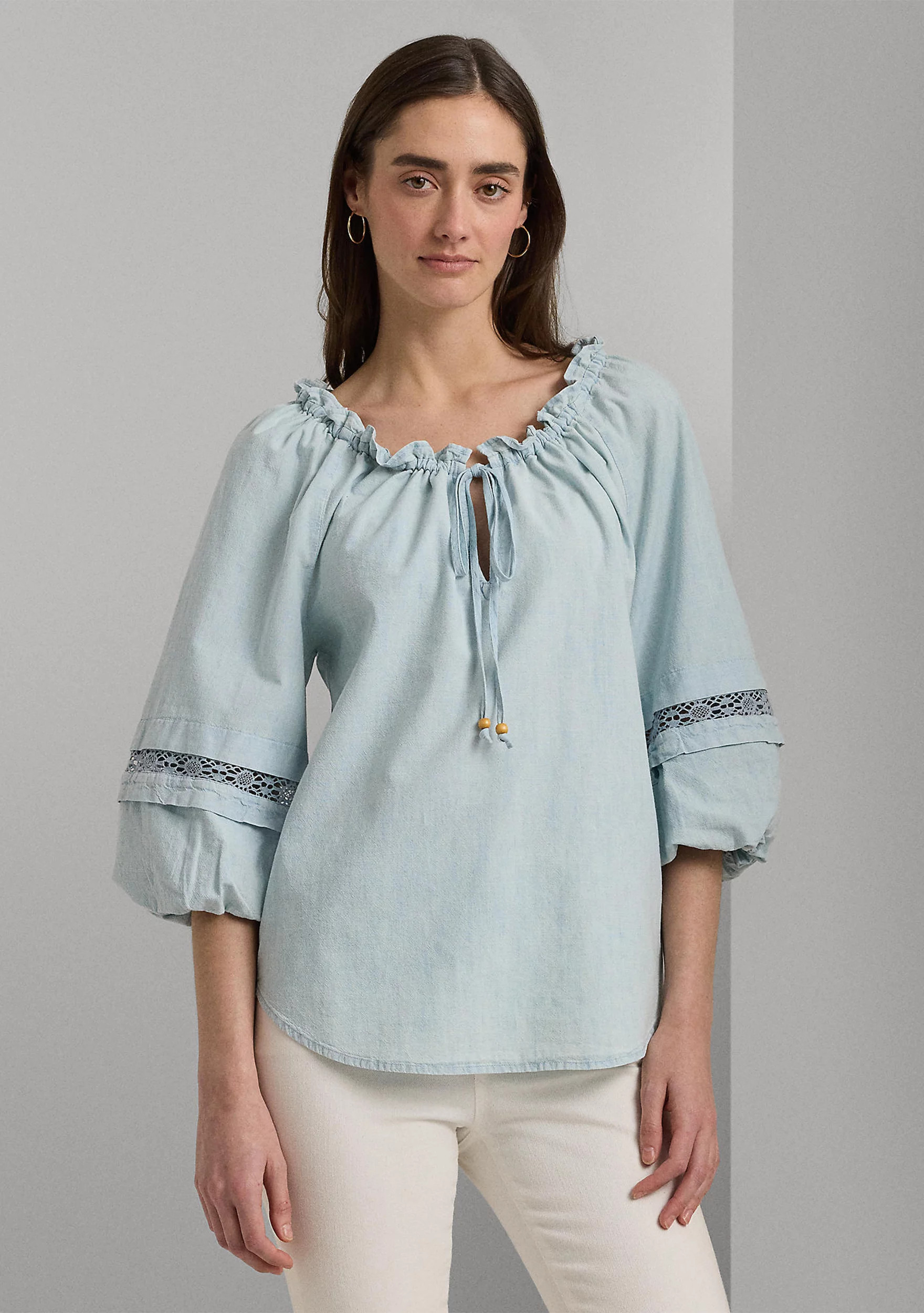 Lace Trim Chambray Tie Neck Blouse | Belk