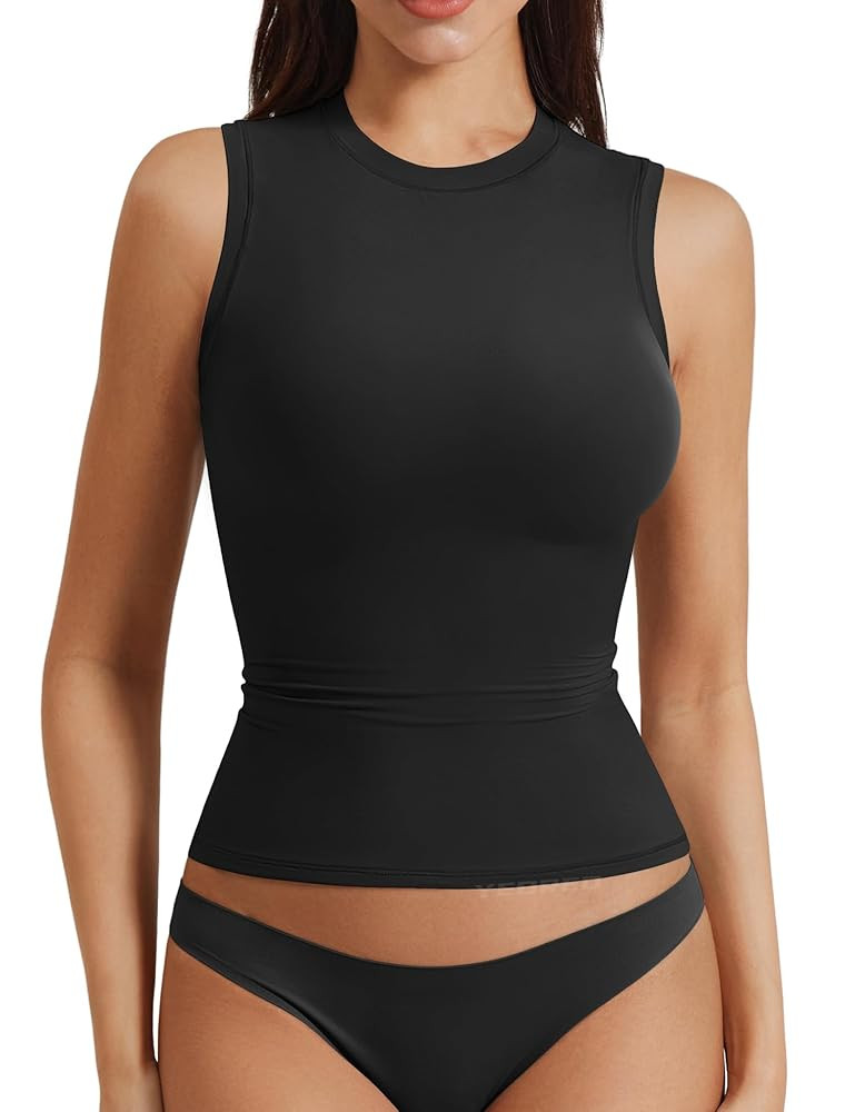 YEOREO Women Basic Mock Neck Workout Crop Top Sleeveless Double Lined Tank Tee Slim Fitted Ruched... | Amazon (US)