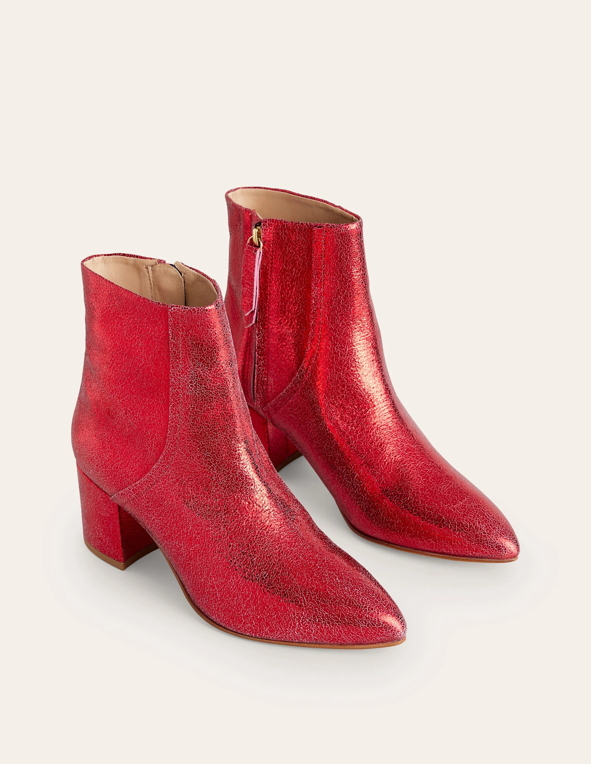 Block Heel Leather Ankle Boots-Red Metallic Leather | Boden UK