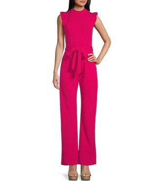 High Neck Flutter Sleeve Tie Waist Jumpsuit | Dillard's